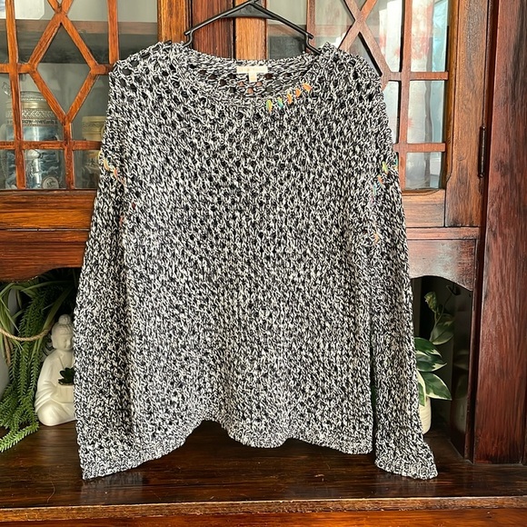 Open Knit Sweater Black White Pullover Long Sleeve Lightweight  Boho - Picture 2 of 7